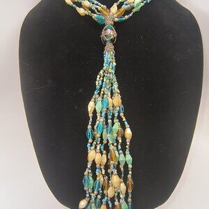 Beautiful Beaded Necklace, Turquoise Blue, Green, Amber, Cream and white beads